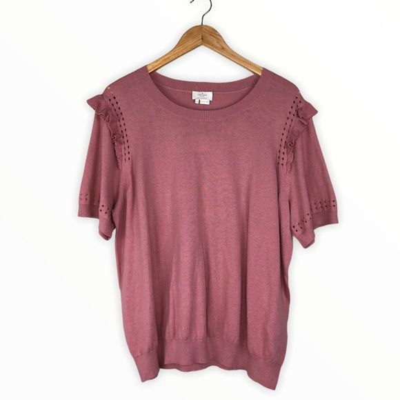 Kate Spade Light Pink Eyelet Ruffle Short Sleeve Sweater - Picture 3 of 13